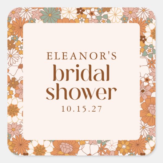 Aangepaste Retro Terracotta Boho Bloemrijke Bruilo Vierkante Sticker (Voorkant)