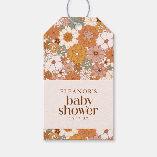 Aangepaste Retro Terracotta Boho Floral Baby showe Cadeaulabel (Voorkant)