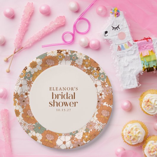 Aangepaste Retro Terracotta Boho Floral Vrijgezell Papieren Bordje (Feest)