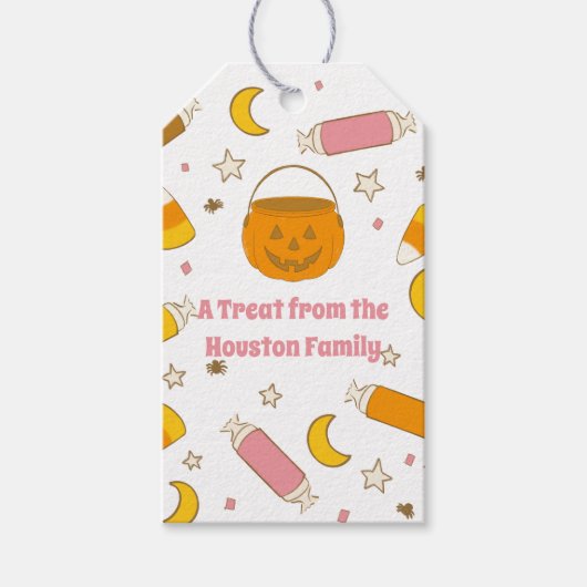 Aangepaste Retro Trick or Treat of Halloween-feest Cadeaulabel (Voorkant)