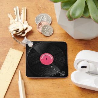 Aangepaste Retro Vinylplatenspeler Vierkant Sleutelhanger