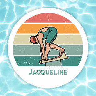 Aangepaste Retro Zwemmen Race Meisje met zonsonder Ronde Sticker