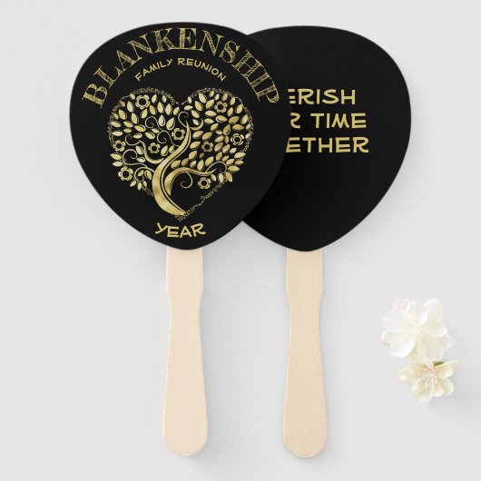 Aangepaste reünie Gold Heart-vormgeving Handwaaier (Voorkant en achterkant)