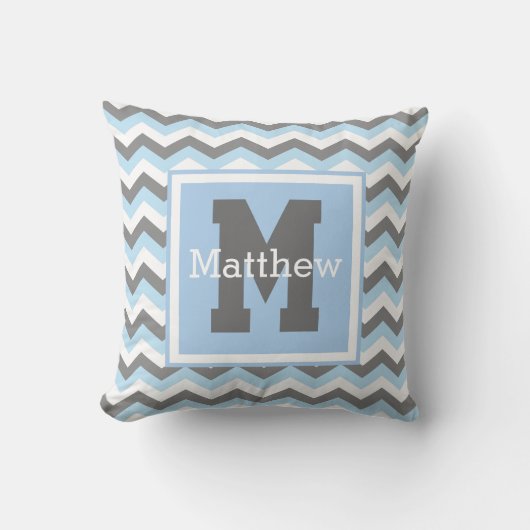 Aangepaste Rey Baby Blue White Chevron Monogram Na Kussen (Voorkant)