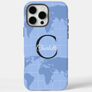 Aangepaste Riviera Blauwe Wereldkaart Monogram Naa iPhone 16 Pro Max Hoesje