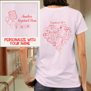 Aangepaste RN Pocket Name & Heart Medical Design T-shirt