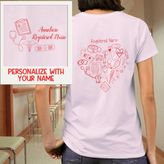 Aangepaste RN Pocket Name & Heart Medical Design T-shirt