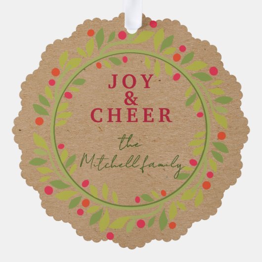 Aangepaste rode bessen groene bladeren krans ornament kaart (Achterkant)