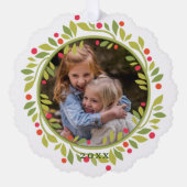 Aangepaste rode bessen groene bladeren krans ornament kaart (Voorkant)