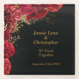 Aangepaste rode bloemenbruiloft Jubileum Glazen Onderzetter