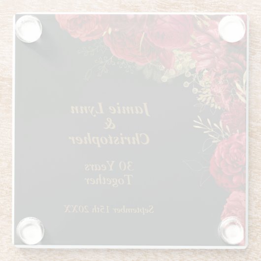 Aangepaste rode bloemenbruiloft Jubileum Glazen Onderzetter (Achterkant)