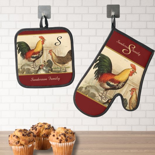 Aangepaste Rode Boerderij  Rooster monogram Ovenwant & Pannenlap Set