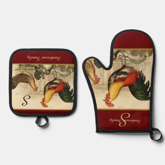 Aangepaste Rode Boerderij  Rooster monogram Ovenwant & Pannenlap Set (Voorkant)