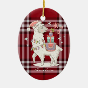 Aangepaste rode buffercontrole Tartan Llama Alpaca Keramisch Ornament