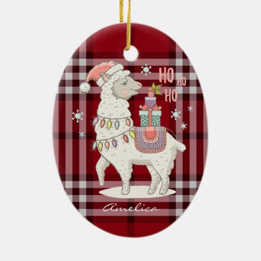Aangepaste rode buffercontrole Tartan Llama Alpaca Keramisch Ornament (Achterkant)