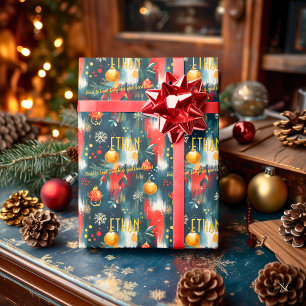 Aangepaste Rode en Gouden Ornamenten Kerst Cadeaupapier