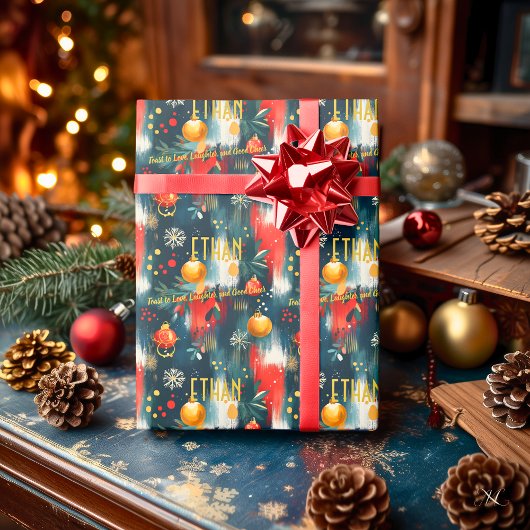 Aangepaste Rode en Gouden Ornamenten Kerst Cadeaupapier