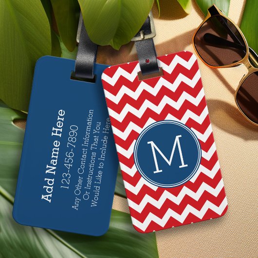 Aangepaste Rode en Marine Blauwe Chevron Patroon M Bagagelabel