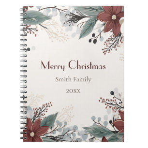 Aangepaste rode en witte aquarel bloemenkerst notitieboek
