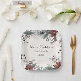 Aangepaste rode en witte aquarel bloemenkerst papieren bordje