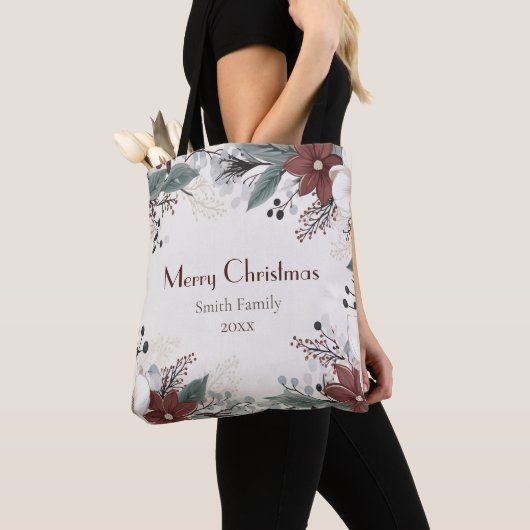 Aangepaste rode en witte aquarel bloemenkerst tote bag (Dichtbij)