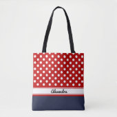 Aangepaste rode en witte poka-stippen met marineba tote bag (Voorkant)