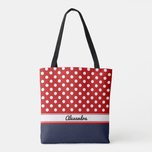 Aangepaste rode en witte poka-stippen met marineba tote bag (Achterkant)