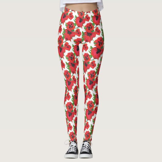 Aangepaste rode en zwarte oosterse papavers op wit leggings (Voorkant)