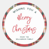 Aangepaste rode geruite vrolijke kerst script ronde sticker (Voorkant)