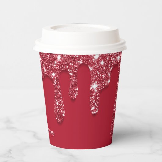Aangepaste rode Glitter Drip Naam Papieren Bekers (Links)