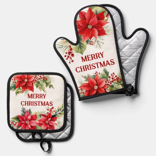 Aangepaste Rode Kerst Bloemen Keuken Accessoires Ovenwant & Pannenlap Set (Voorkant / Achterkant)