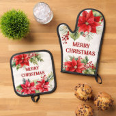 Aangepaste Rode Kerst Bloemen Keuken Accessoires Ovenwant & Pannenlap Set (Top down)