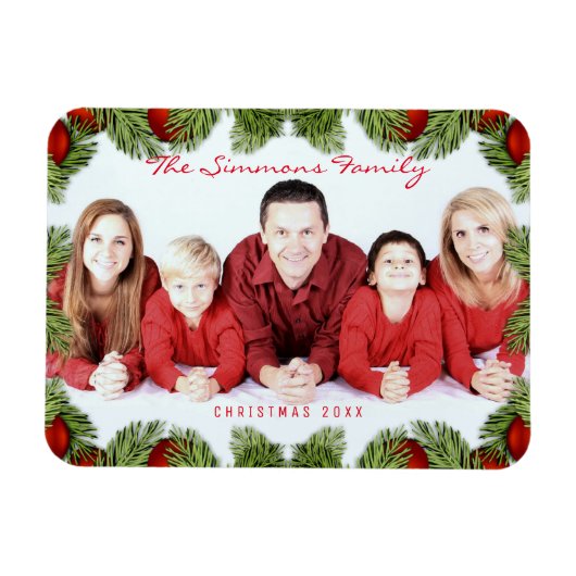 Aangepaste rode kerst familie foto en naam magneet (Horizontaal)