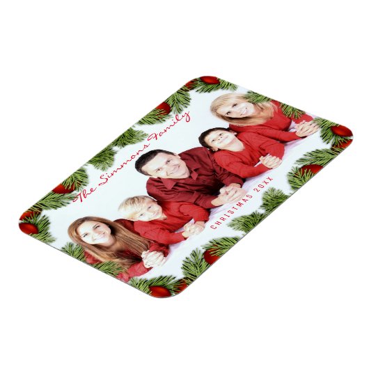 Aangepaste rode kerst familie foto en naam magneet (Linkerzijde)