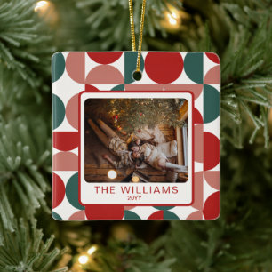 Aangepaste Rode Kerst Geometrische Patroon 2 Foto' Keramisch Ornament