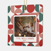 Aangepaste Rode Kerst Geometrische Patroon 2 Foto' Keramisch Ornament (Links)