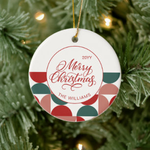 Aangepaste Rode Kerst Geometrische Patroon Foto Keramisch Ornament