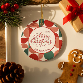 Aangepaste Rode Kerst Geometrische Patroon Foto Keramisch Ornament