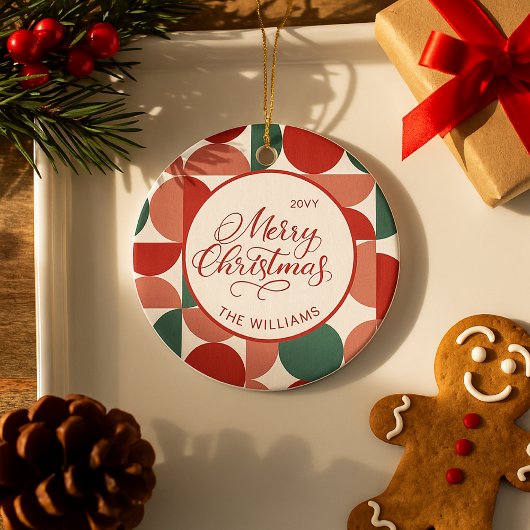 Aangepaste Rode Kerst Geometrische Patroon Foto Keramisch Ornament