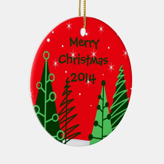 Aangepaste rode kerstbomen, versierd met datum keramisch ornament (Rechts)