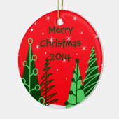 Aangepaste rode kerstbomen, versierd met datum keramisch ornament (Links)