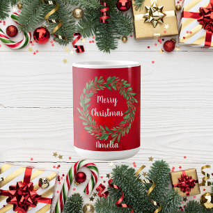 Aangepaste rode kerstkous en groene krans koffiemok
