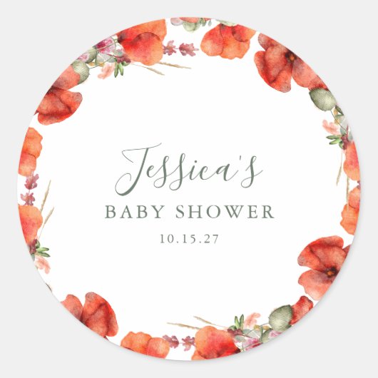 Aangepaste rode papaver tuin bloemig Baby shower Ronde Sticker (Voorkant)