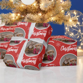 Aangepaste Rode Prettig Kerstmis Eén Cirkel Foto Cadeaupapier