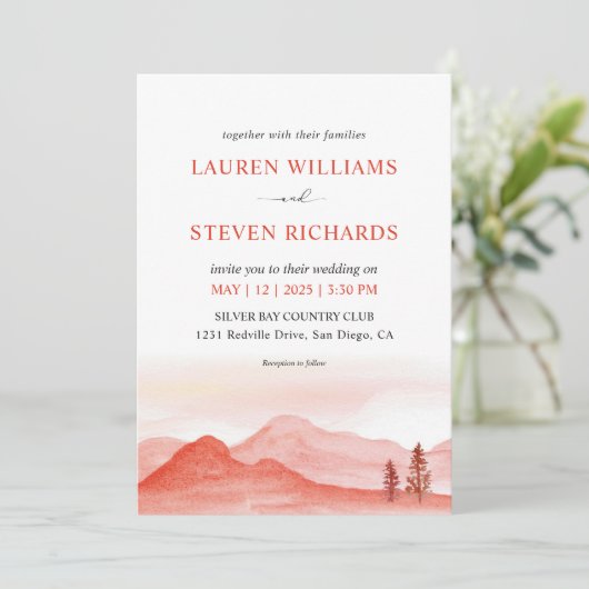 Aangepaste Rode Roze Perzik Desert bergen Wedding Kaart (Staand voorkant)