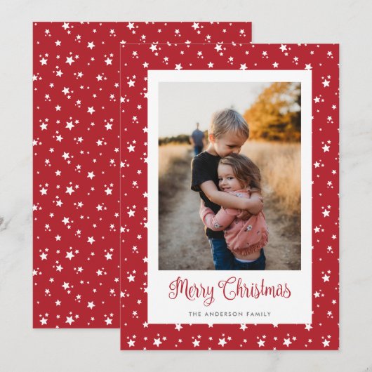Aangepaste rode sterren Foto Merry-kerstkaarten Feestdagenkaart (Voorkant / Achterkant)