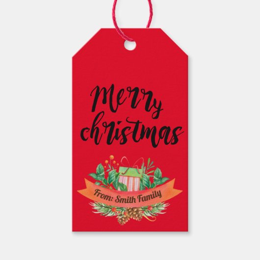 Aangepaste rode vrolijke kerst gepersonaliseerd cadeaulabel (Voorkant)