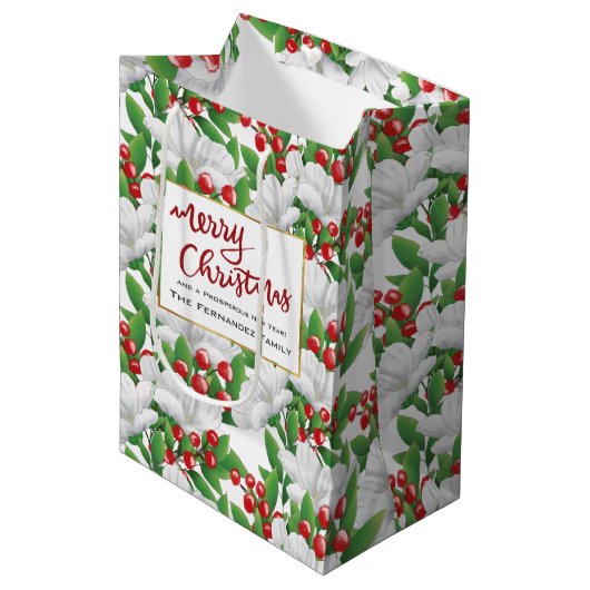 Aangepaste Rode Vrolijke Kerstmis Winter Bloemen Medium Cadeauzakje (Voorkant Gekanteld)