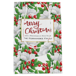 Aangepaste Rode Vrolijke Kerstmis Winter Bloemen Medium Cadeauzakje