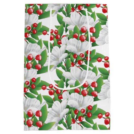 Aangepaste Rode Vrolijke Kerstmis Winter Bloemen Medium Cadeauzakje (Achterkant)